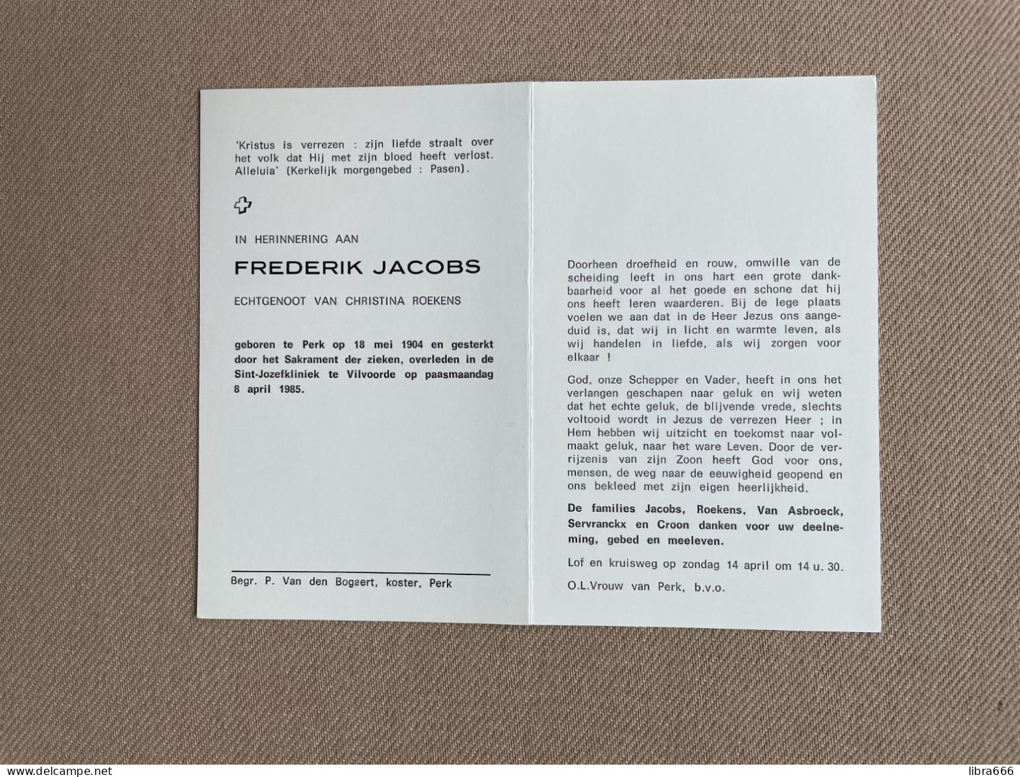 JACOBS Frederik °PERK 1904 +VILVOORDE 1985 - ROEKENS - VAN ASBROECK - SERVRANCKX - CROON - Obituary Notices