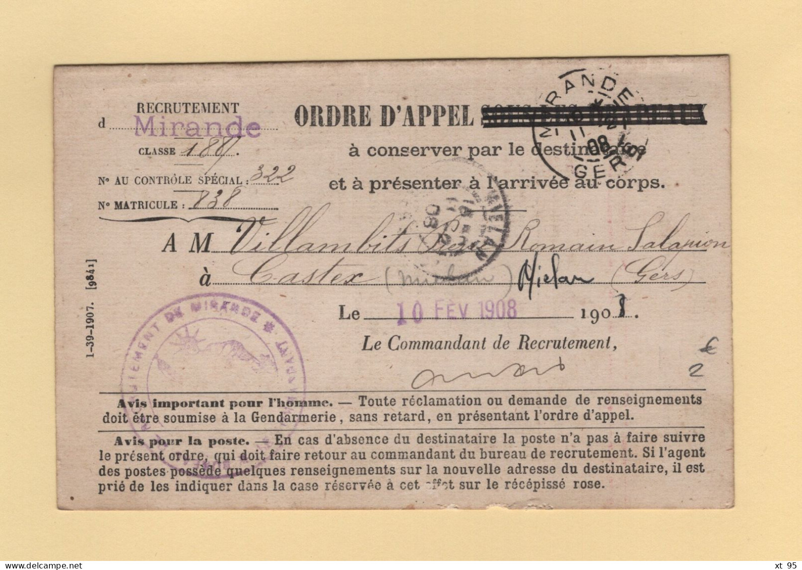 Ordre D Appel - 1908 - Mirande Gers - 1877-1920: Semi Modern Period