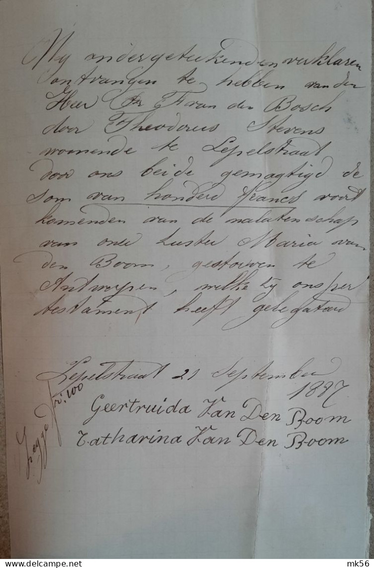 Lepelstraat 21 September 1887 - Ontvangstbewijs Erfenis Getekend Door Geertruida En Catharina Van Den Boom - 1800 – 1899