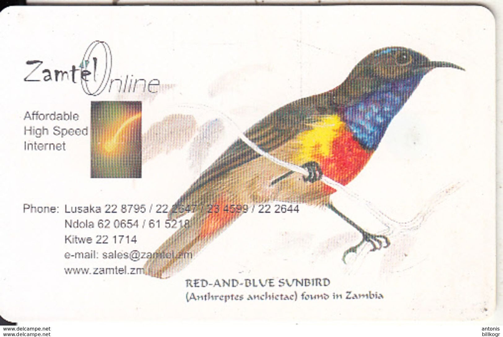 ZAMBIA(chip) - Red & Blue Sunbird, Zamtel Telecard K10000, Chip GEM3.3, Used - Zambie