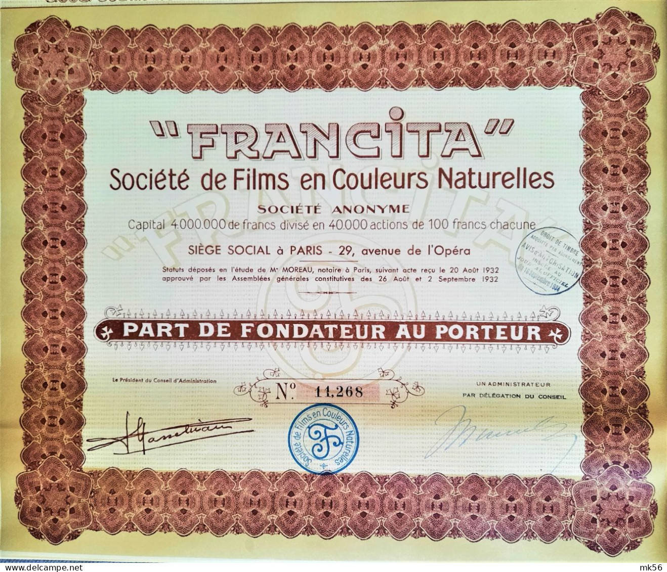 "Francita" Société De Films En Couleurs Naturelles - Paris - Part De Fondateur - 1932 - Cinéma & Theatre