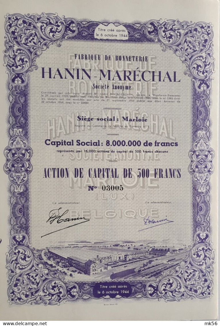 Fabrique De Bonneterie Hanin-Maréchal - Marloie - 1950 - Action De Capital - Textile