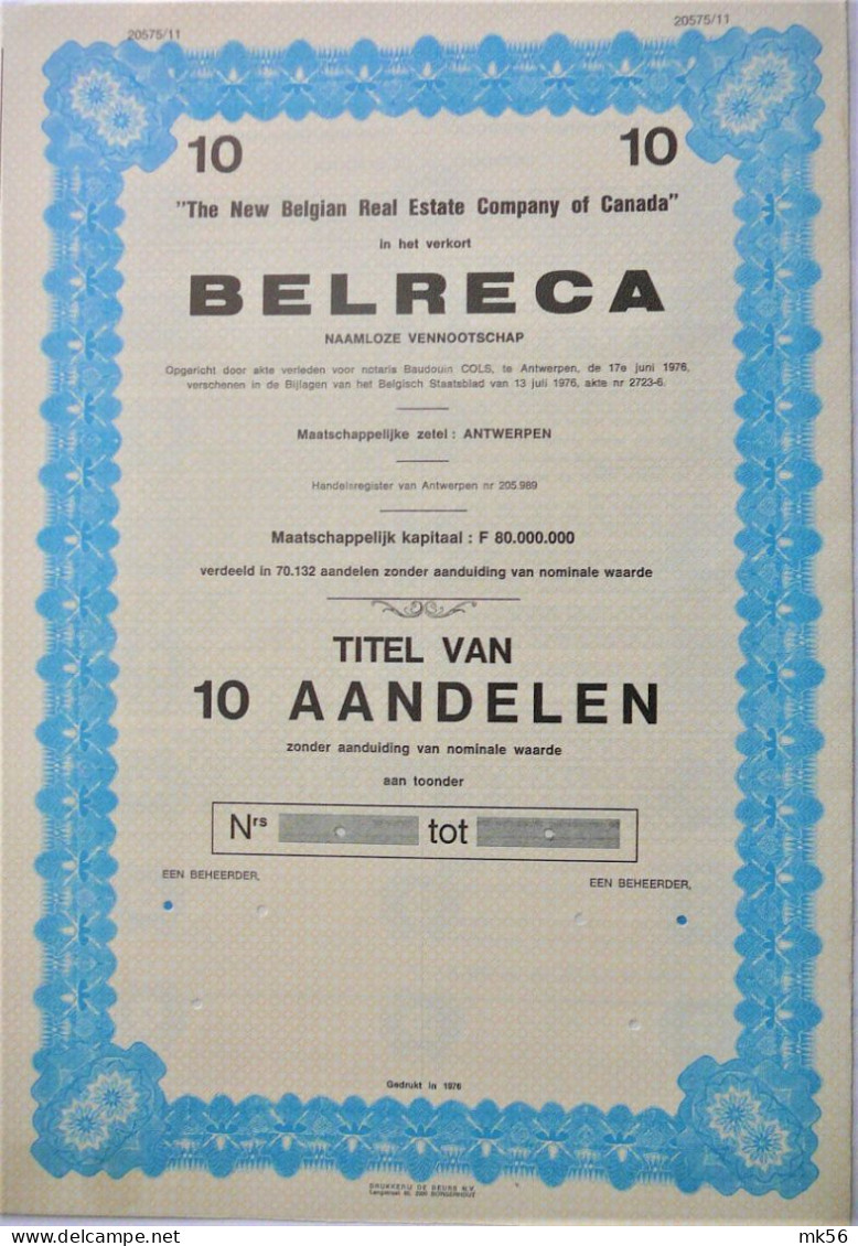 N.V. Belreca - 10 Aandelen Aan Toonder - Antwerpen - Unissued - 1976 - Altri & Non Classificati
