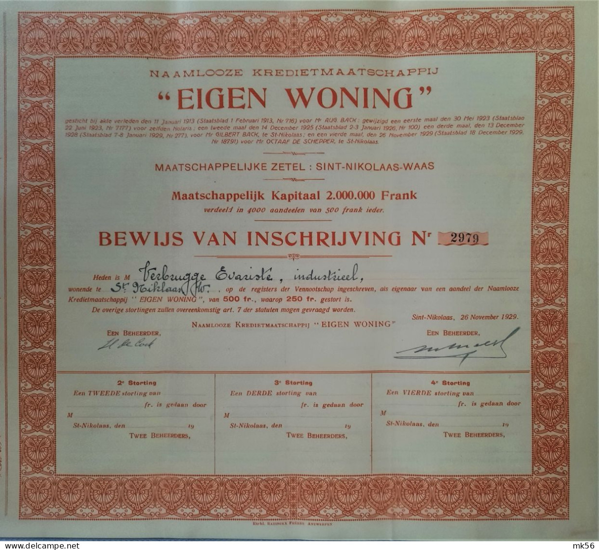 Naamlooze Kredietmaatschappij 'Eigen Woning' - Bewijs Van Inschrijving  - Verbrugge Evariste - Sint Niklaas - 1929 - Otros & Sin Clasificación