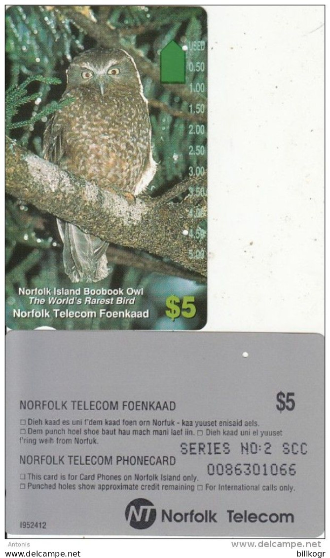 NORFOLK ISL. - Boobook Owl/The World"s Rarest Bird(series No: 2 SCC), Tirage %7000, Used - Norfolkinsel