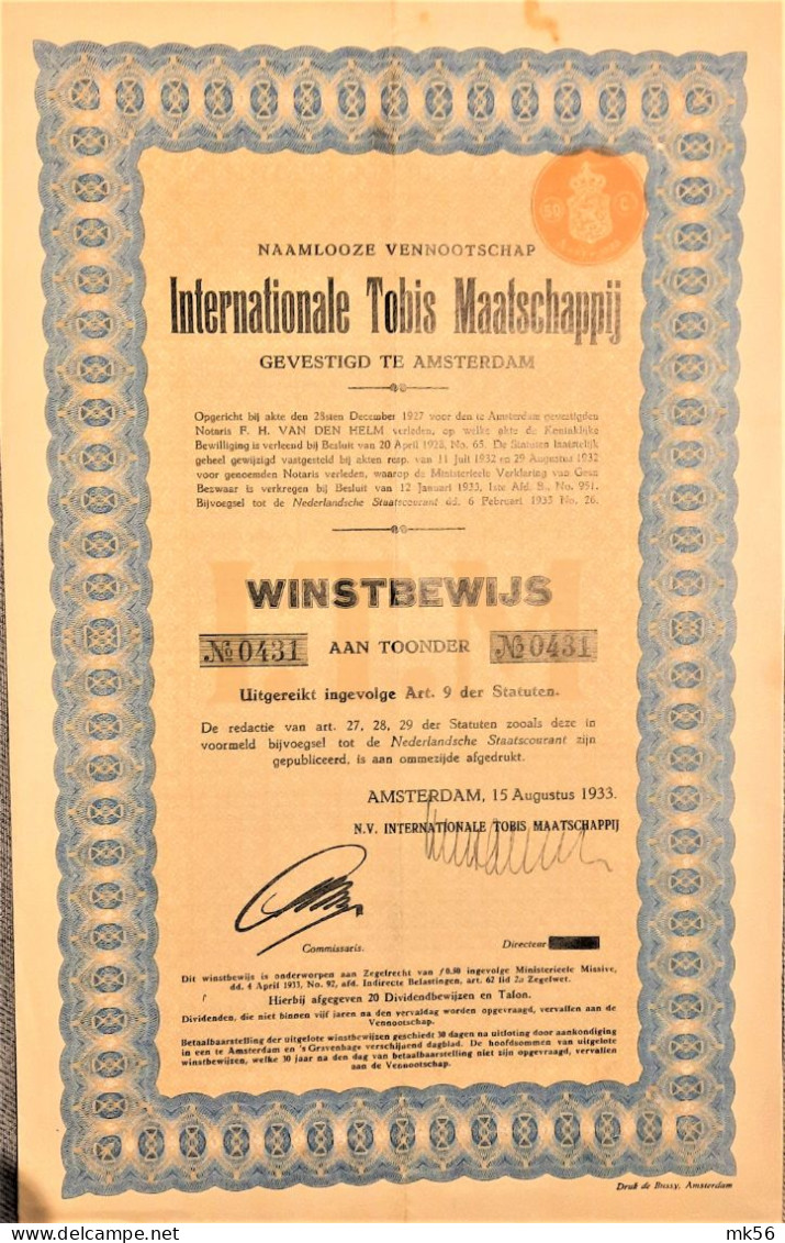 Internationale Tobis Maatschappij - Winstbewijs Aan Toonder (1933) - Amsterdam - Sonstige & Ohne Zuordnung