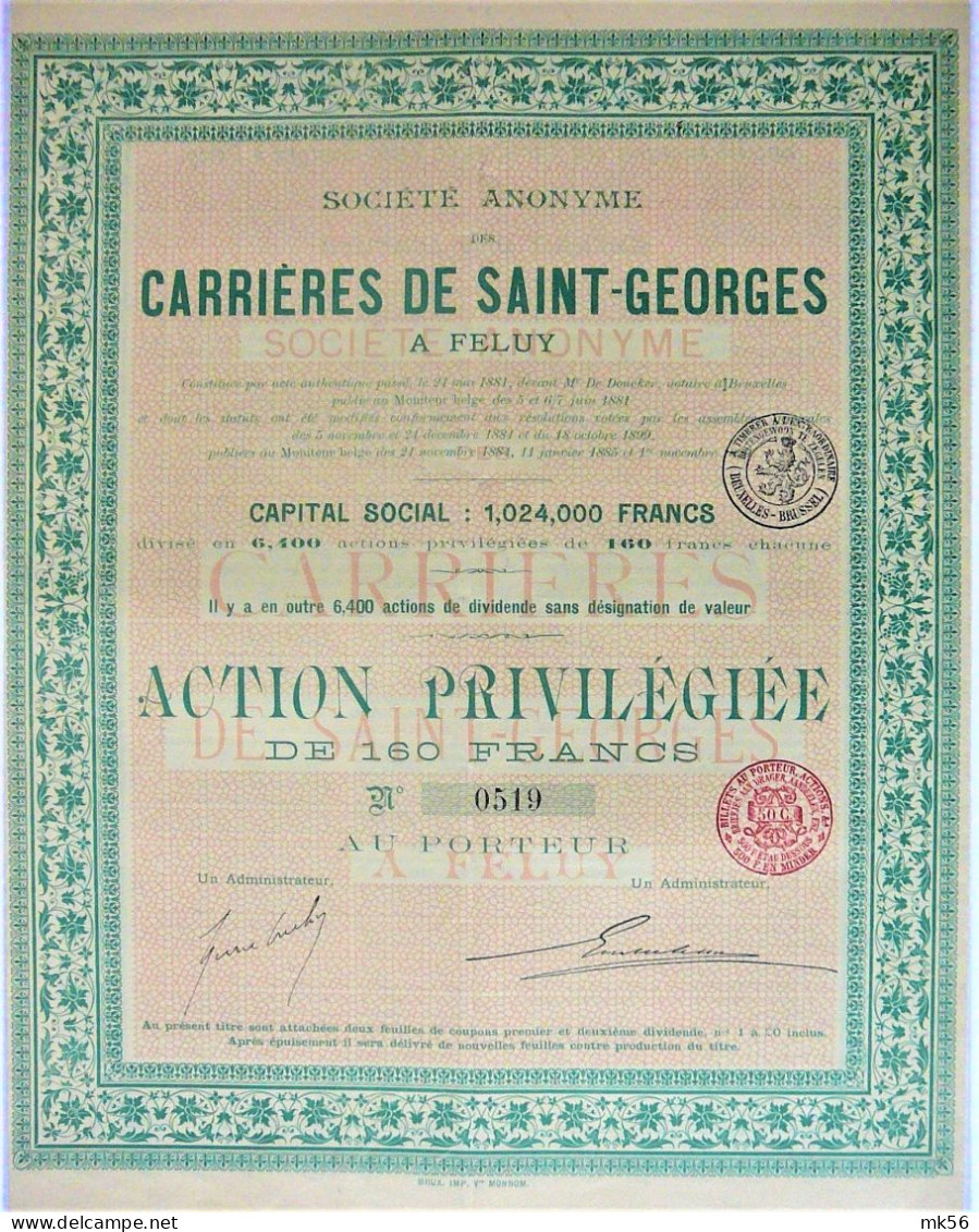 2 Actions S.A. Carrières De Saint Georges (FELUY) - Action De Dividende Et Action Priv. De 160 Fr - Mines