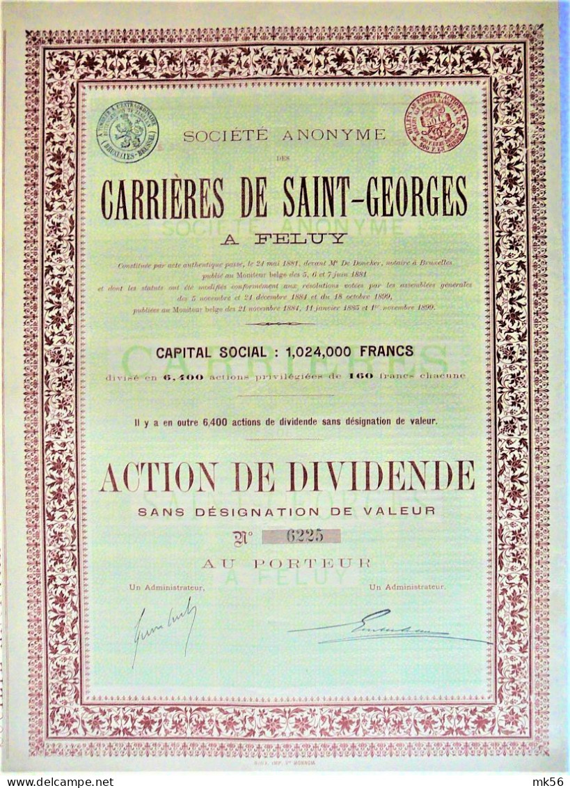 2 Actions S.A. Carrières De Saint Georges (FELUY) - Action De Dividende Et Action Priv. De 160 Fr - Mijnen