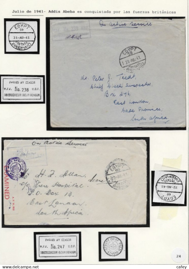 Guerre 39/45 CAMPAGNE D'AFFRIQUE collection primée de 94 lettres représentant le mouvement des troupes N° zone de combat