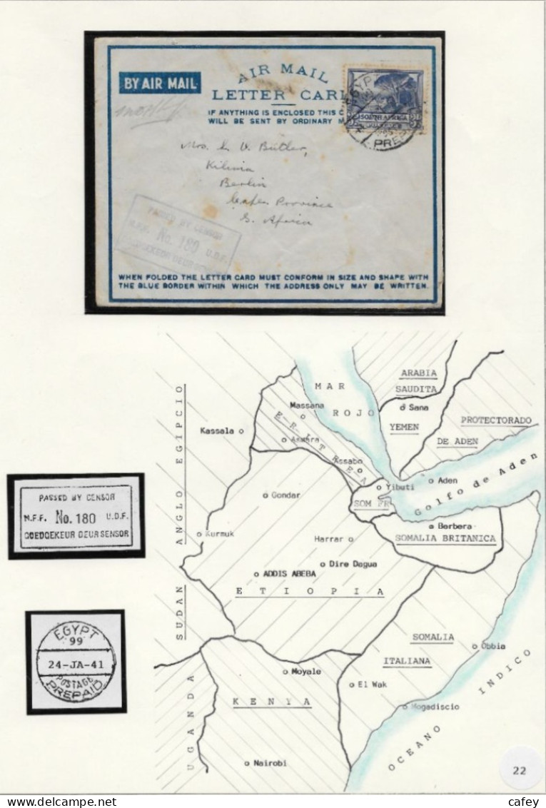 Guerre 39/45 CAMPAGNE D'AFFRIQUE collection primée de 94 lettres représentant le mouvement des troupes N° zone de combat