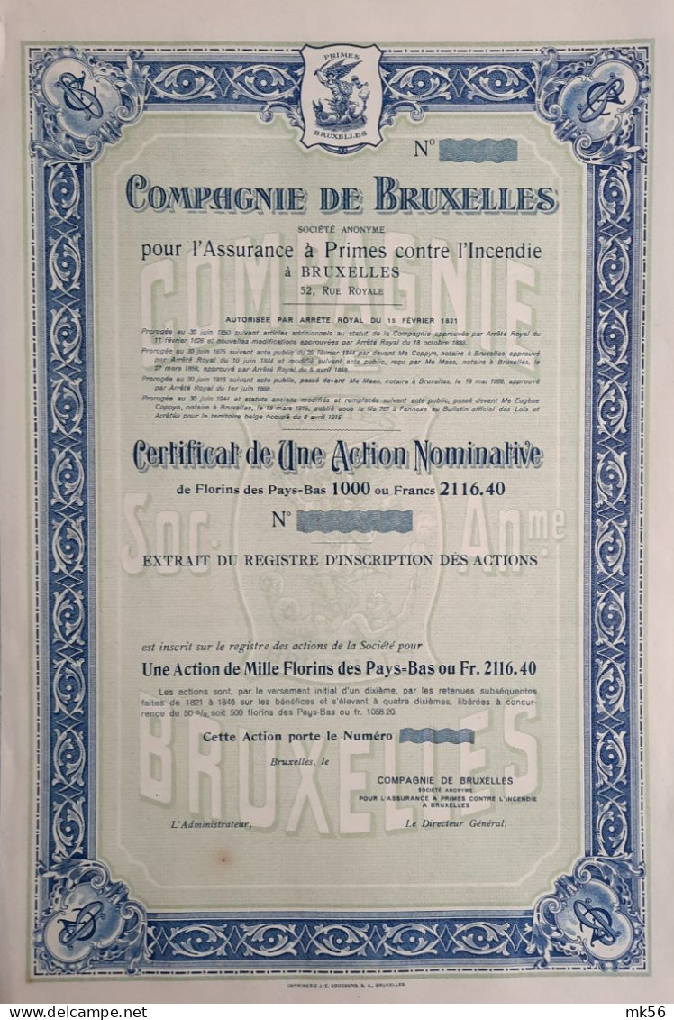Compagnie De Bruxelles Pour L'Assurance à Primes Contre L'Incendie - UNC - 1915 - Banca & Assicurazione