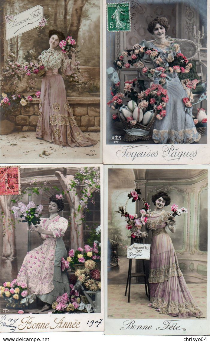 4V4Sb  Gros Lot N°1 De 24 Cpa De Femmes Robes Coiffures Charme Même Correspondance - Collections & Lots