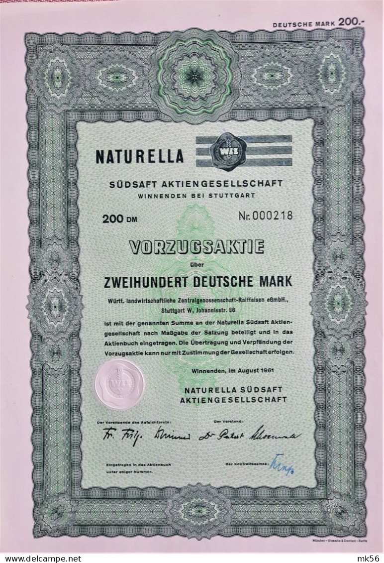 Naturella Südsaft A.G.- Vorzugsaktie - Winnenden Bei Stuttgart - 1961 - Altri & Non Classificati