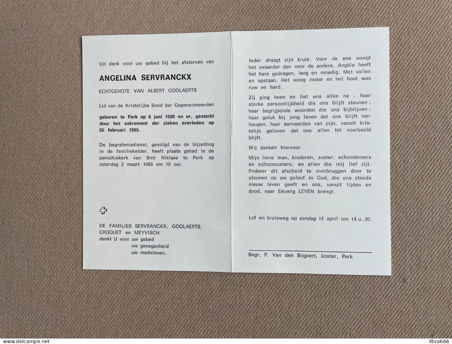 SERVRANCKX Angelina °PERK 1920 +PERK 1985 - GOOLAERTS - CROQUET - MEYVISCH - Obituary Notices