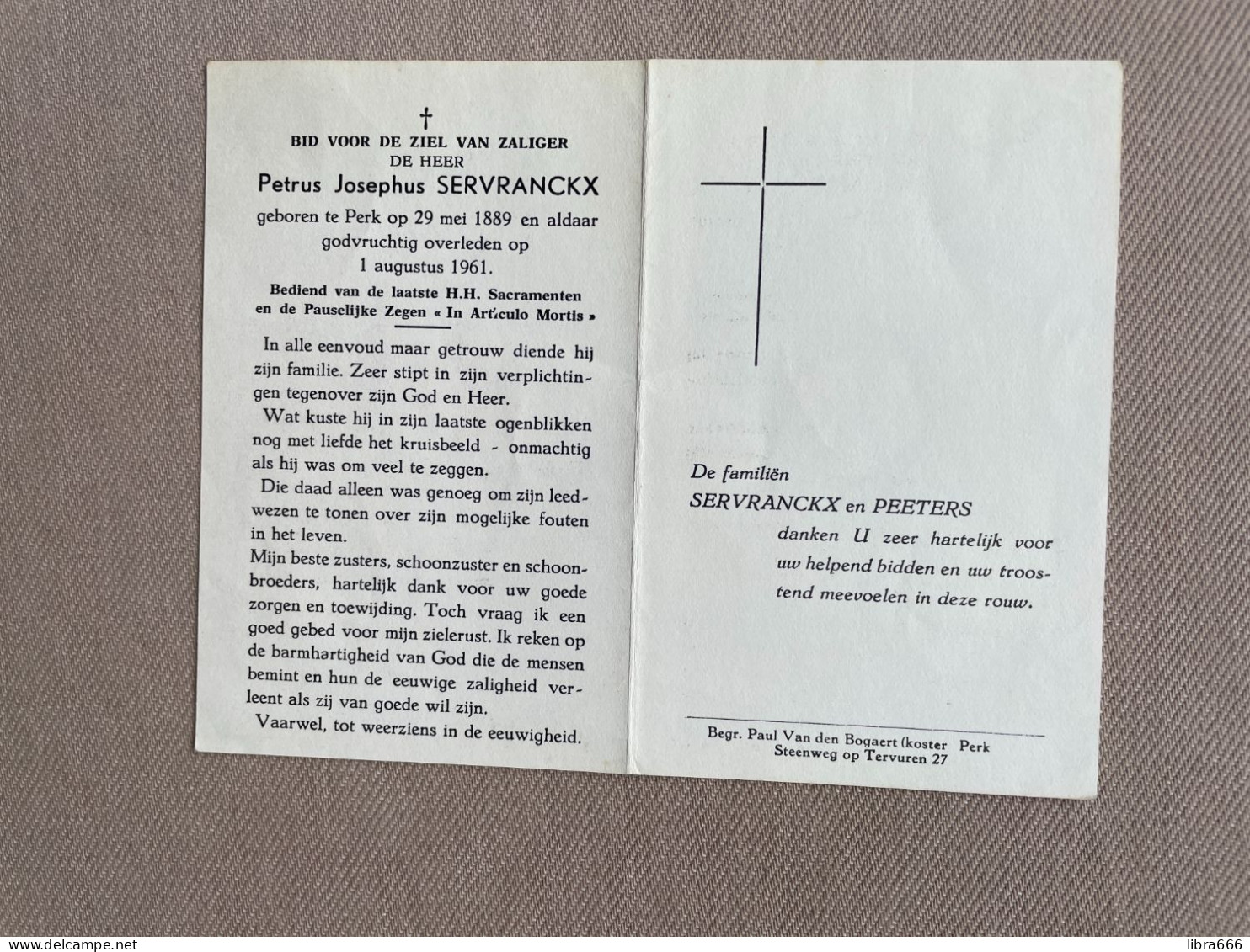 SERVRANCKX Petrus Josephus °PERK 1889 +PERK 1961 - PEETERS - Obituary Notices