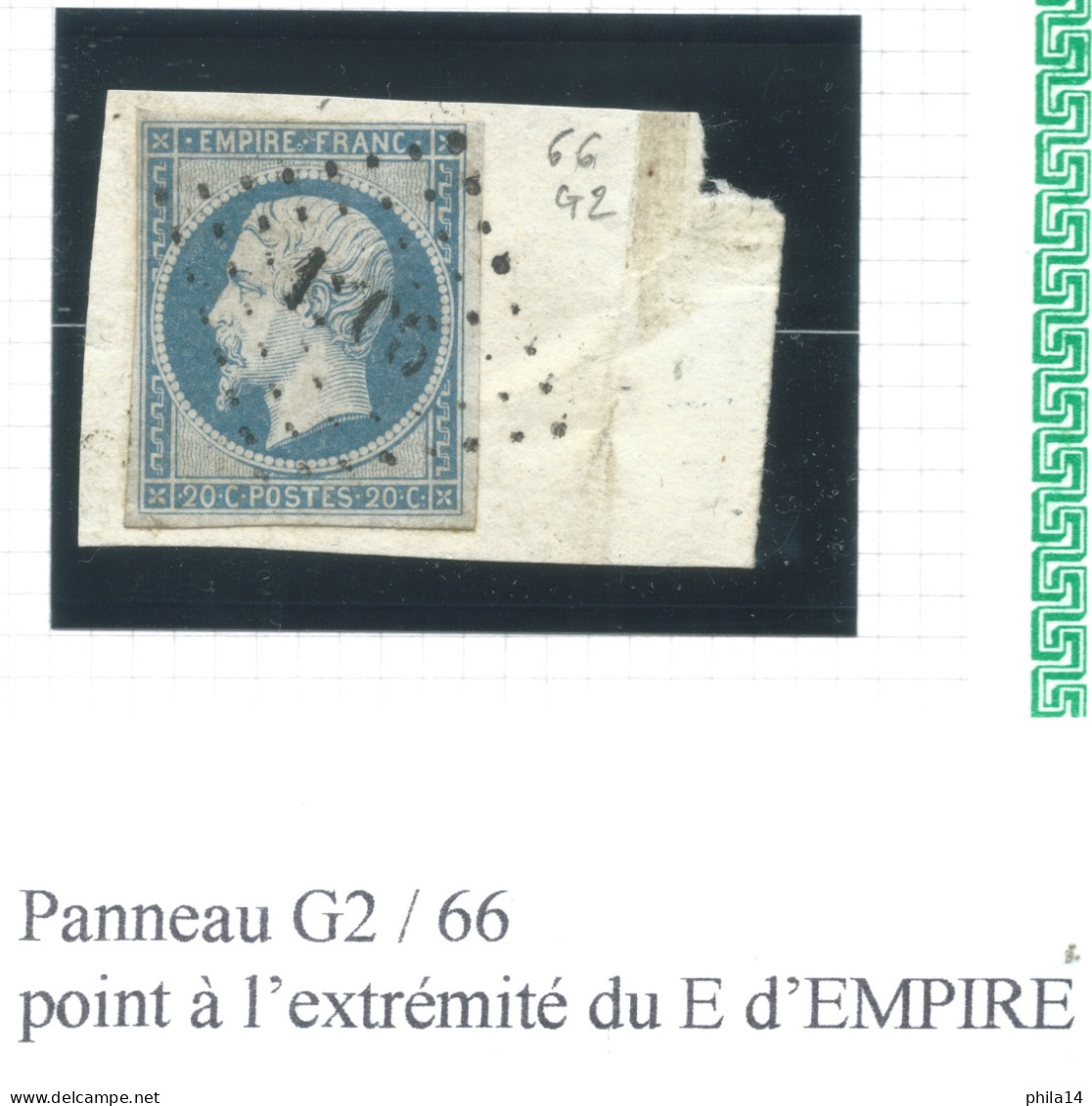 N°14 20c BLEU NAPOLEON TYPE 2 SUR FRAGMENT / PC 1206 / PLANCHAGE 66/G2 / VARIETE POINT A L'EXTREMITE DE EMPIRE - 1853-1860 Napoleone III