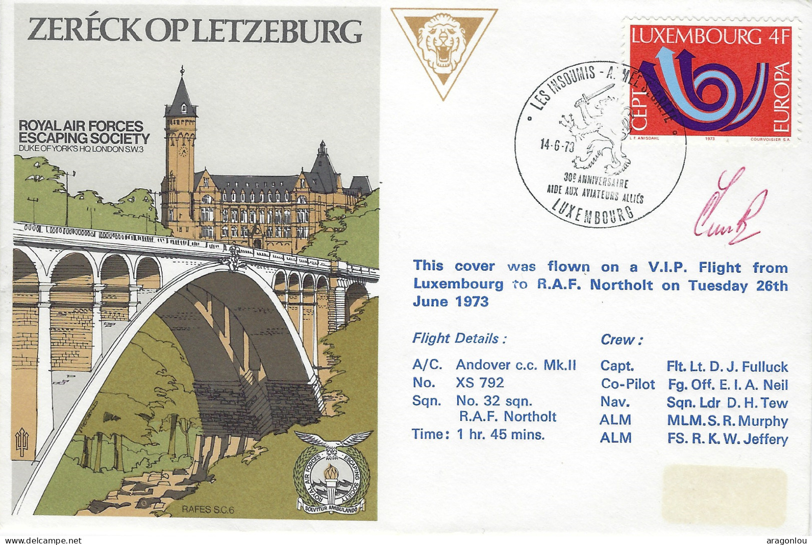 Luxembourg - Luxemburg - Lettre   1973   ZERÉCK OP LETZEBURG - ROYAL AIR FORCES ESCAPING SOCIETY - Lettres & Documents