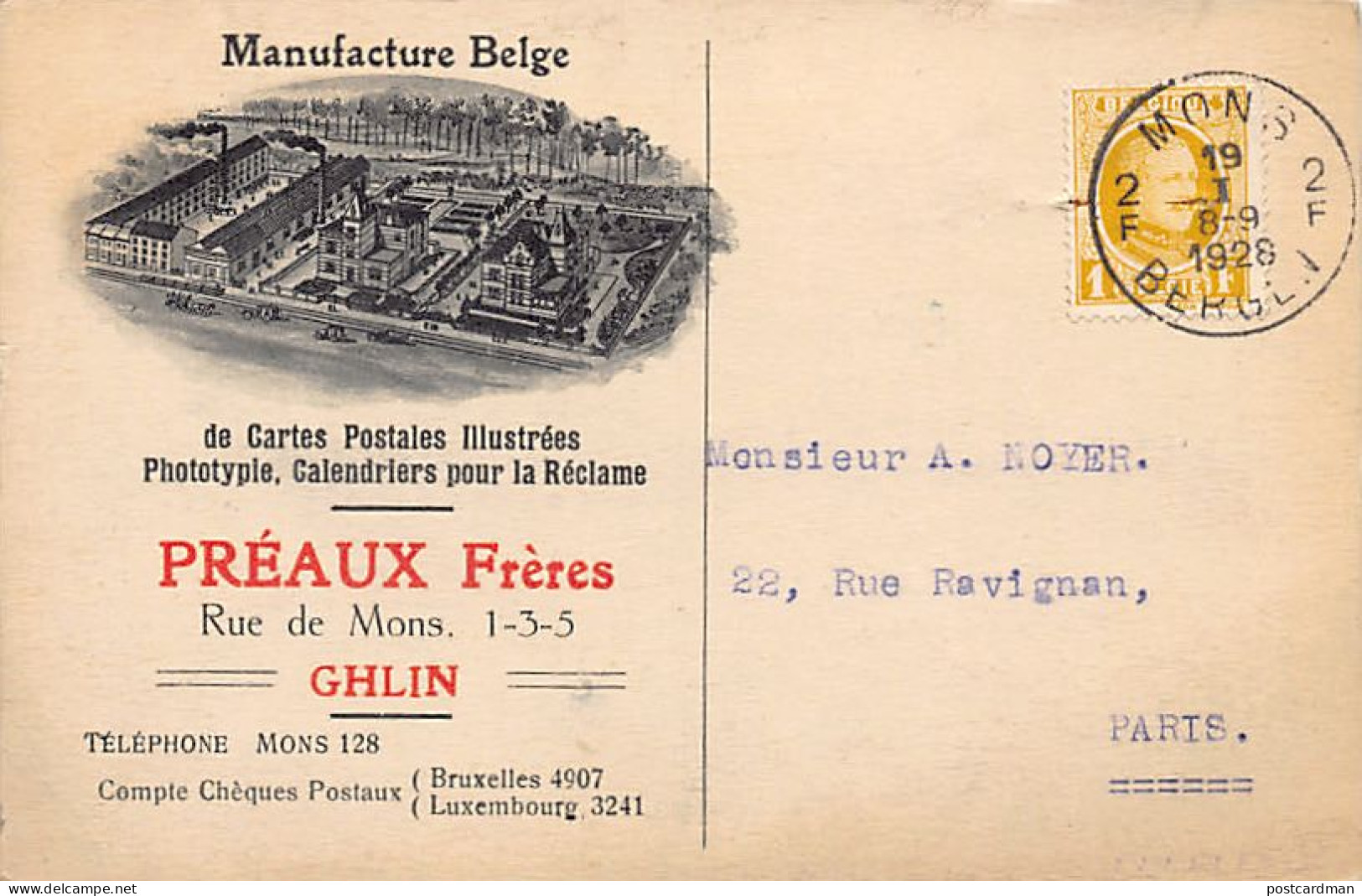 Belgique - GHLIN (Hainaut) Manufacture De Cartes Postales Illustrée Préaux Frères, Rue De Mons 1-3-5 - Andere & Zonder Classificatie