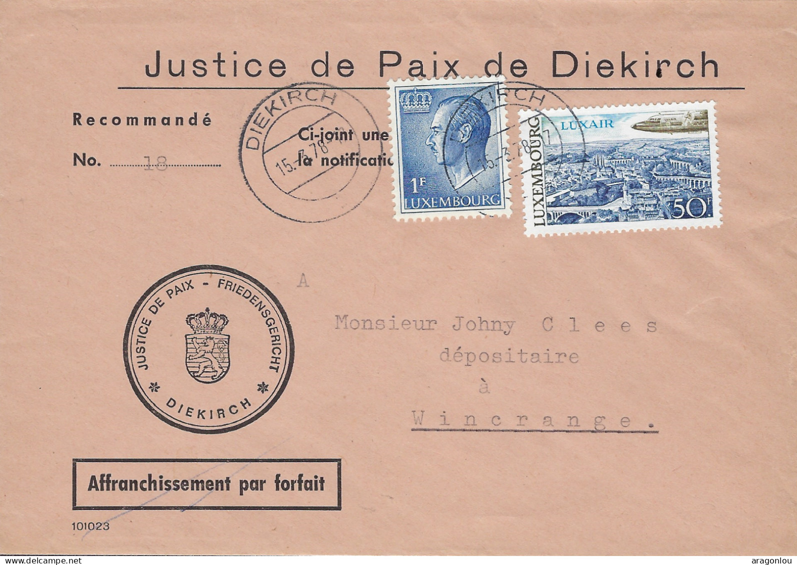 Luxembourg - Luxemburg - Lettre      1978  -  JUSTICE DE PAIX DE DIEKIRCH - Lettres & Documents
