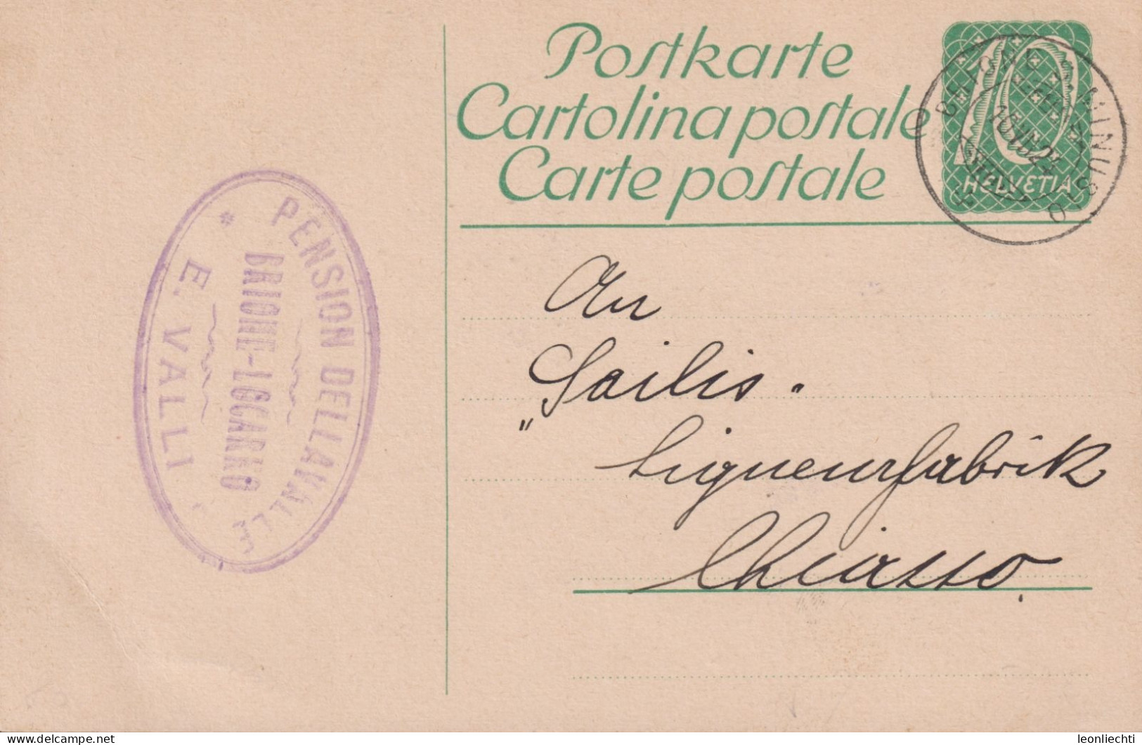1923 Schweiz Postkarte Zum: 81. 10 Cts Grün, ⵙ PENSION DELLAVALLE, BRIONE-LOCARNO,E. VALLI - Entiers Postaux
