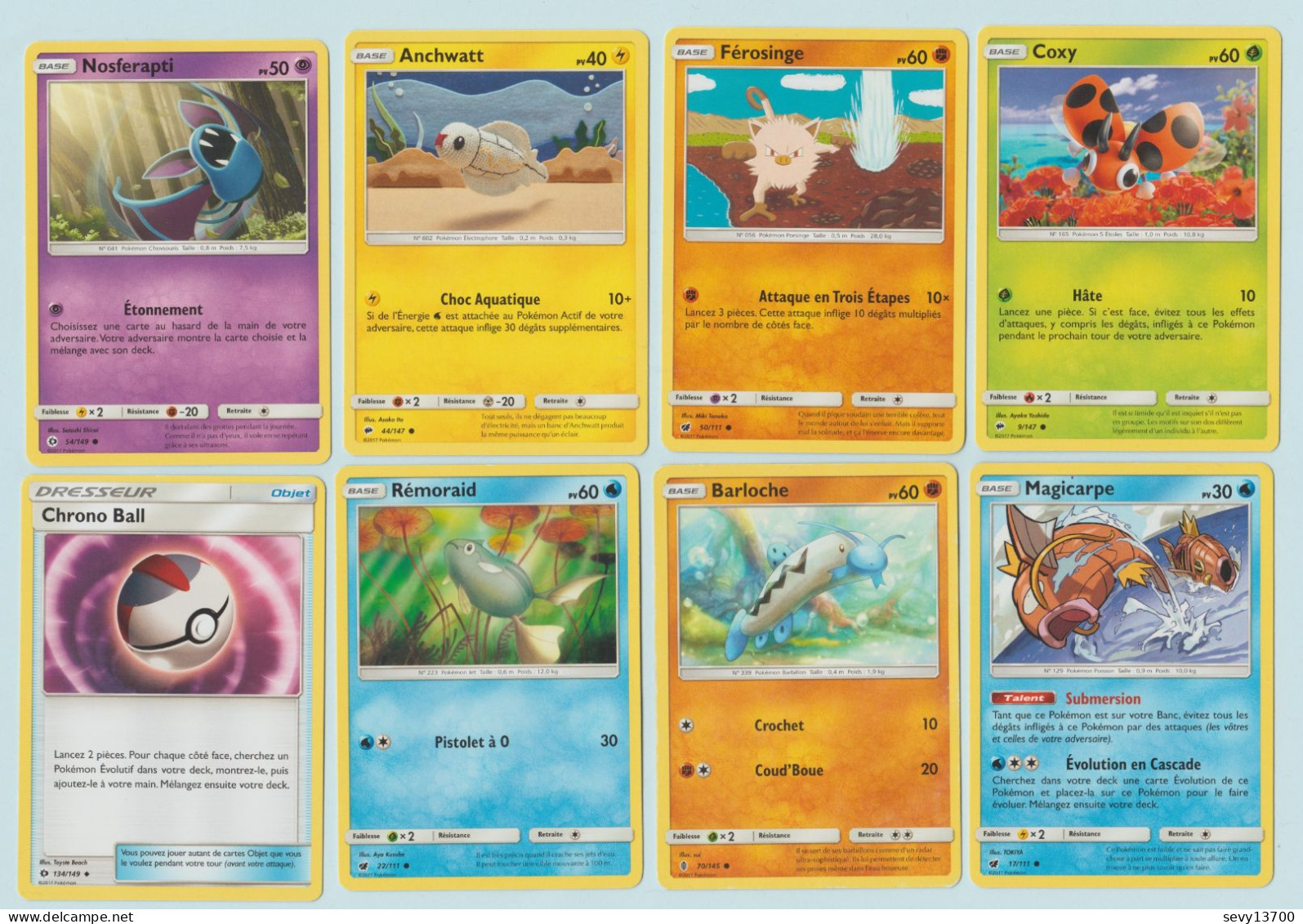 8 Cartes Pokémon/  Base : 54/149 44/147 50/111 9/147 22/111 70/145 17/111 Dresseur: 134/149  (lot 22) - Lots & Collections