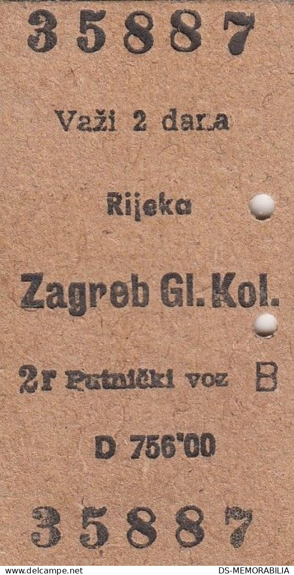 Yugoslavia Yugoslav Railways Train Ticket Line Rijeka-Zagreb 1959 Ticket Valid 2 Days - Europe