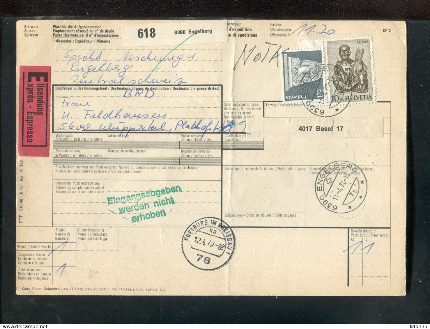 "SCHWEIZ" 1979, Auslands-Paketkarte Nach Deutschland, Frankatur ! (L1211) - Storia Postale