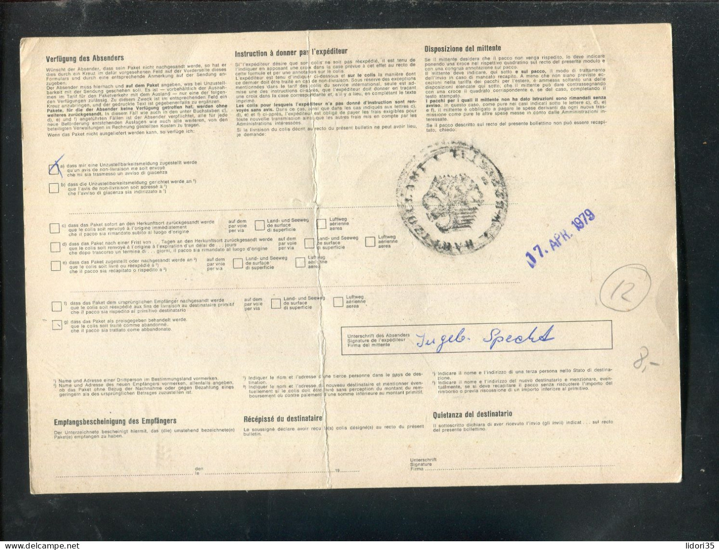 "SCHWEIZ" 1979, Auslands-Paketkarte Nach Deutschland, Frankatur ! (L1211) - Storia Postale