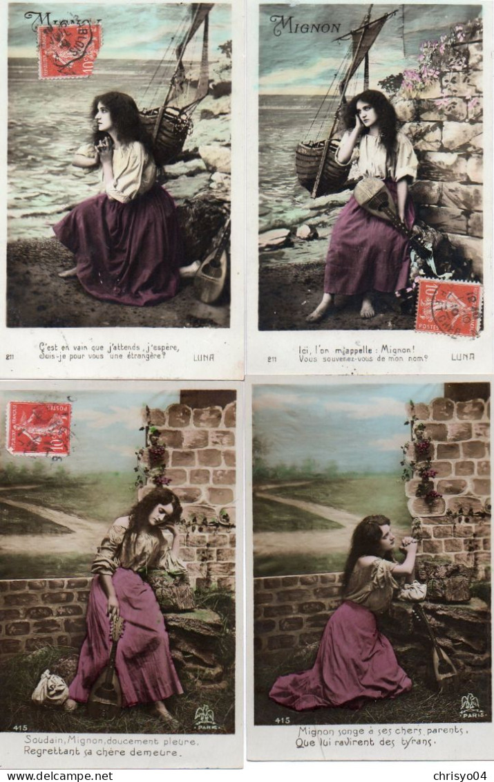 4V4Sb  Série Lot De 4 Cpa Mignon Jeune Femme à La Mandoline Type Gitane Luna - Collections & Lots