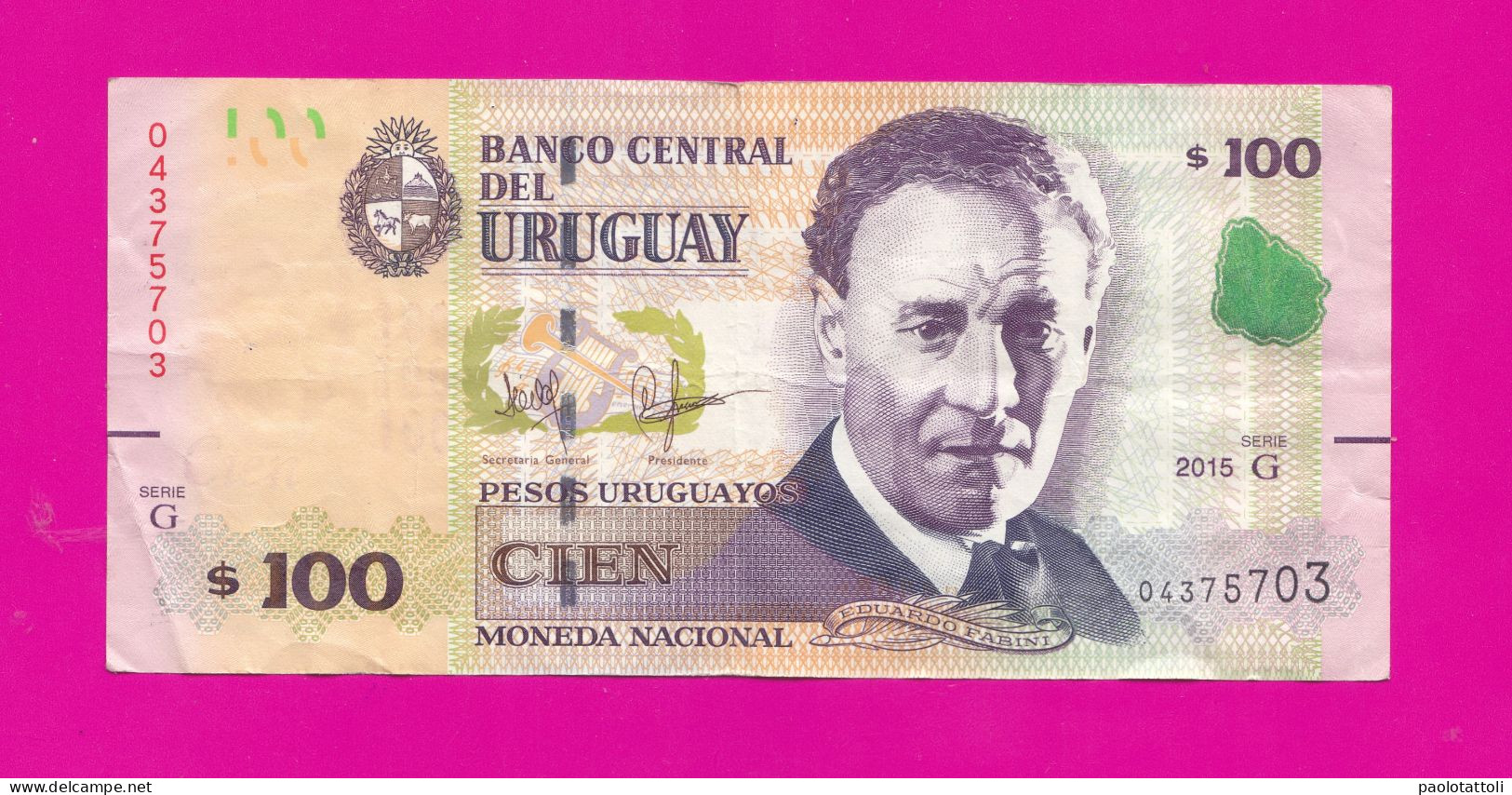 Uruguay, 2015 Serie G- 100 Pesos Uruguayos. Moneda Nacional- Obverse Eduardo Fabini. Reverse Alegoria Musical- - Uruguay
