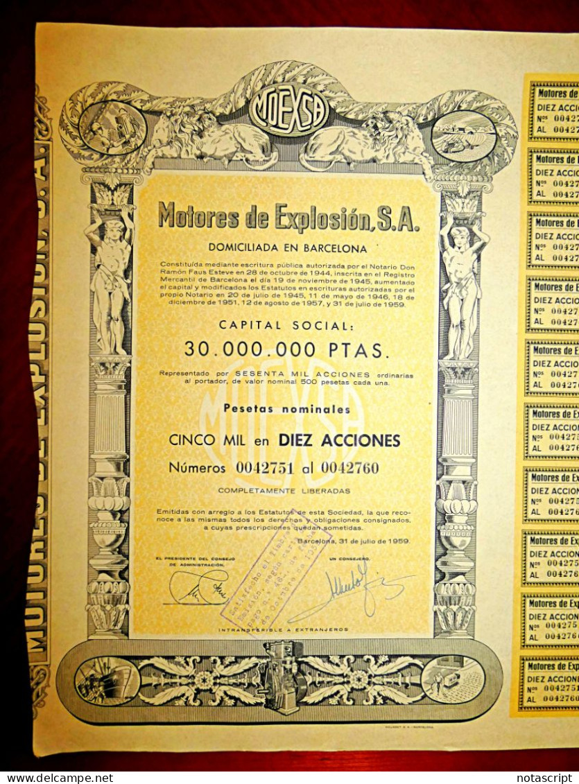 MOTORES DE EXPLOSIÓN SA Barcelona 1959 Share Certificate - Industrial