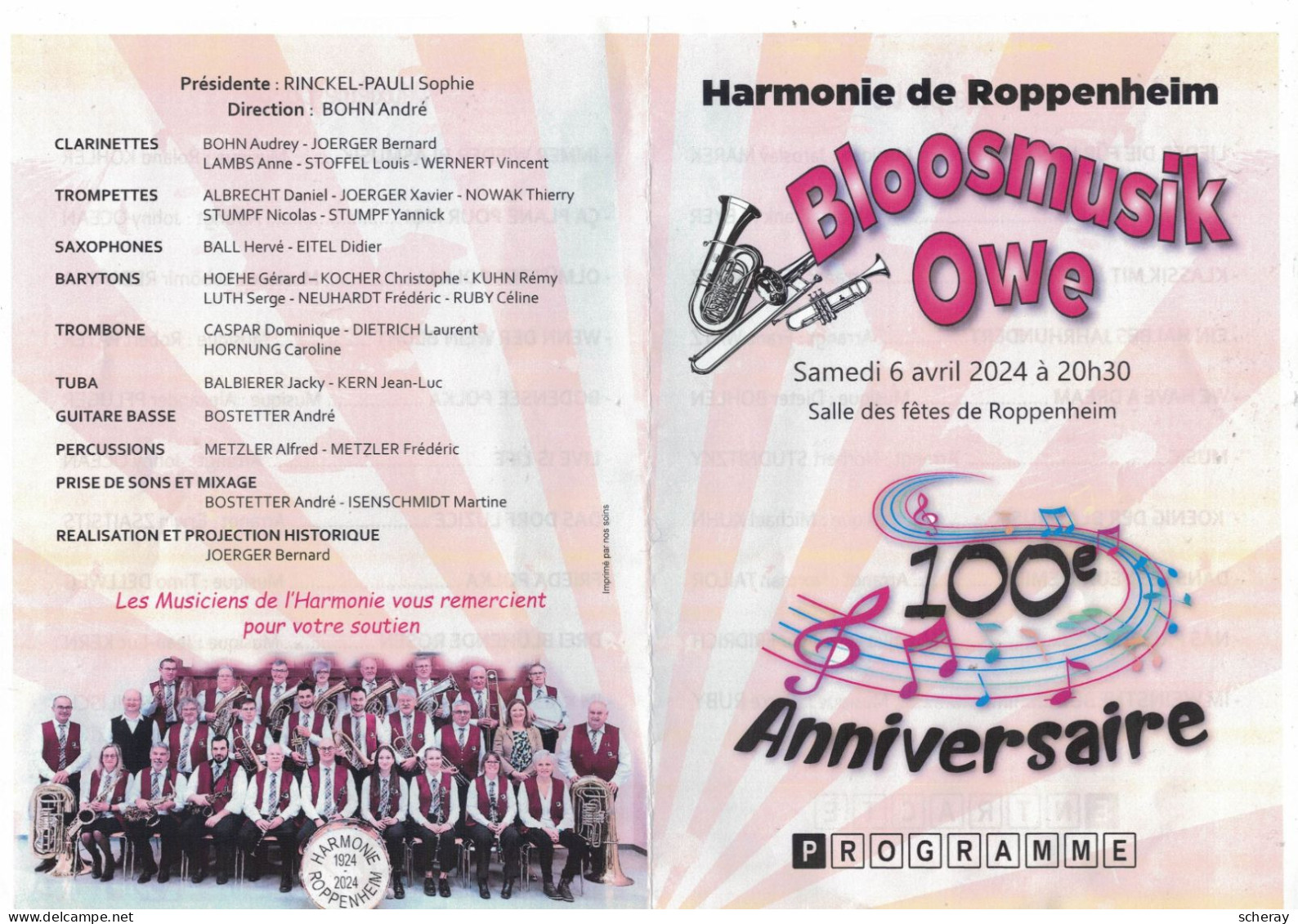 PROGRAMME 100° ANNIVERSAIRE HARMONIE DE ROPPENHEIM "BLOOSMUSIK OWE "  ( Lot 435 ) - Programmes