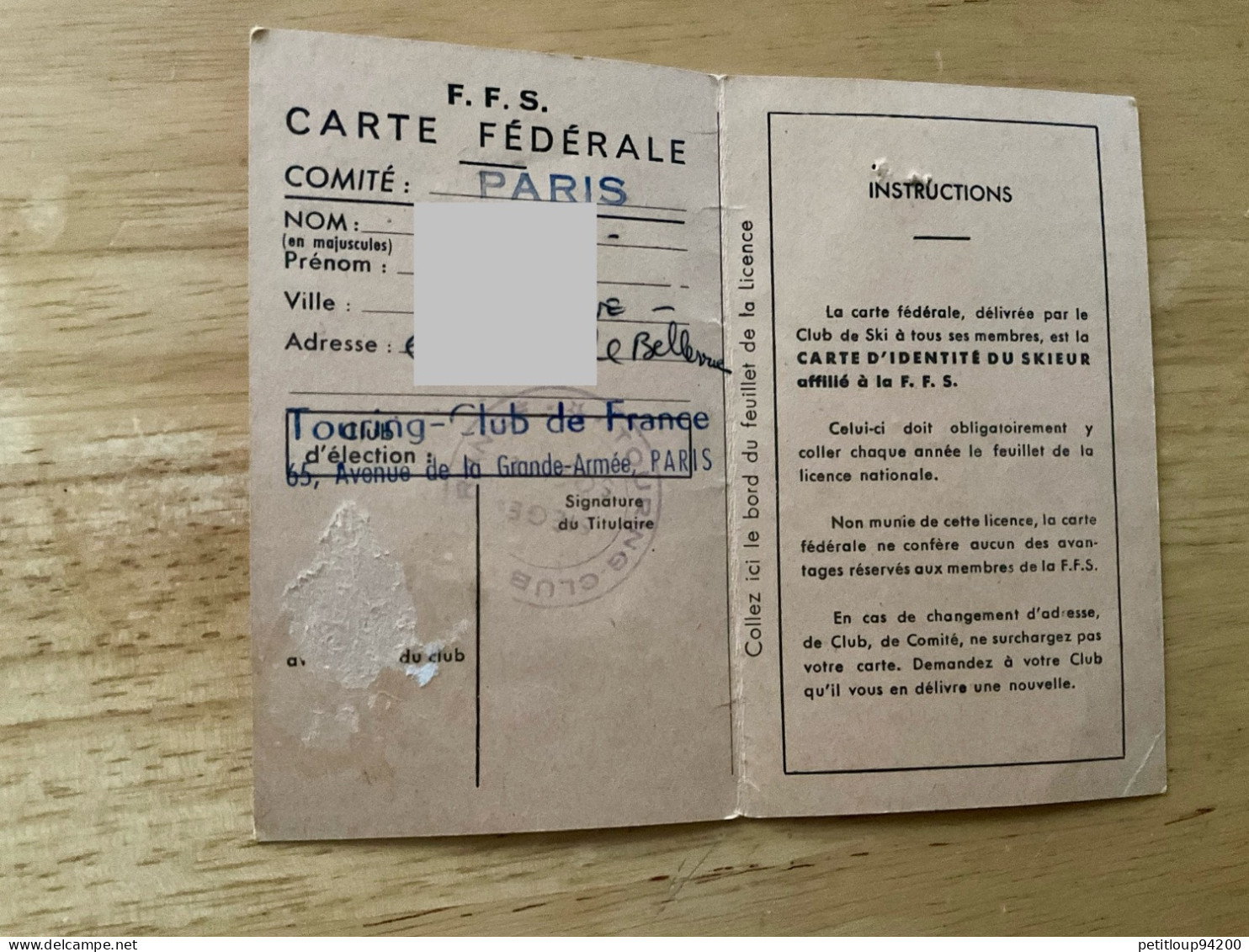 FÉDÉRATION FRANÇAISE DE SKI Carte Fédérale  FFS  Comité PARIS  Année 1965 - Lidmaatschapskaarten