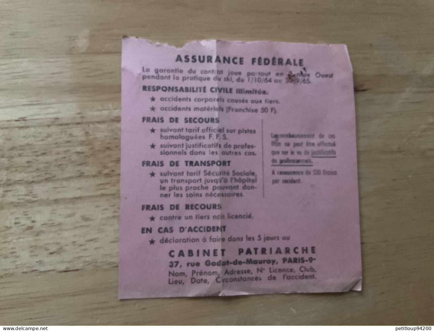 FÉDÉRATION FRANÇAISE DE SKI Carte Fédérale  FFS  Comité PARIS  Année 1965 - Tessere Associative