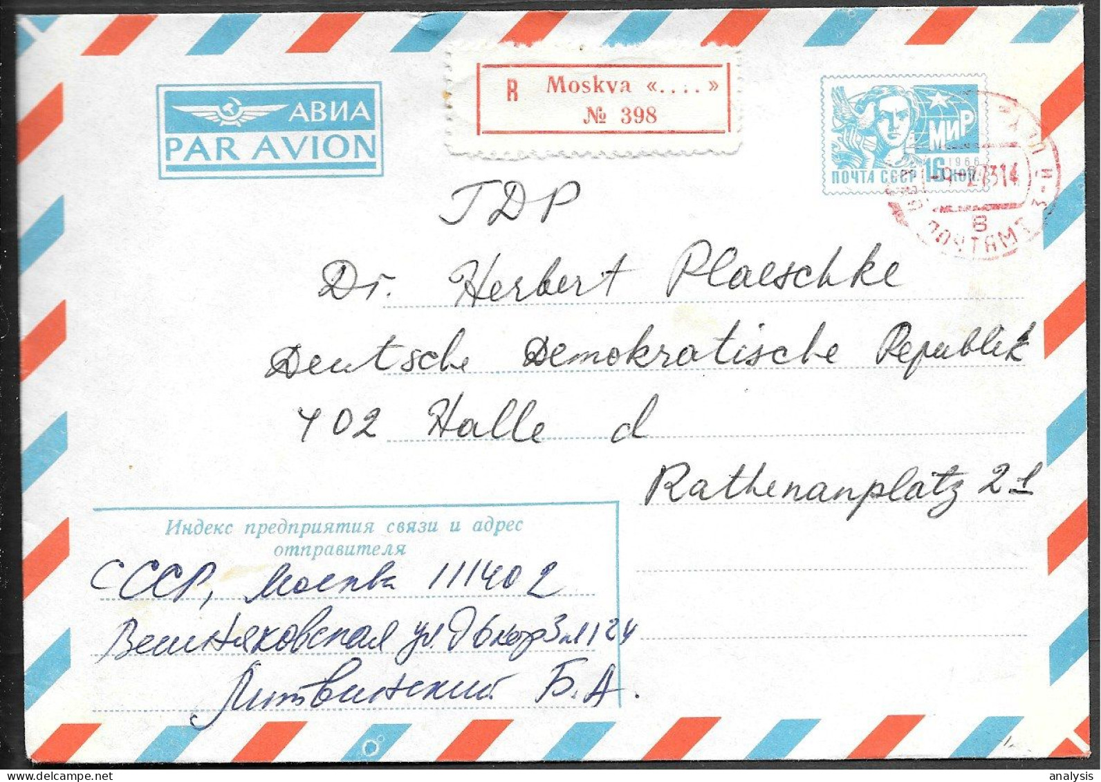Russia 16K Airmail Registered Postal Stationery Cover Mailed To Germany 1973 - Covers & Documents