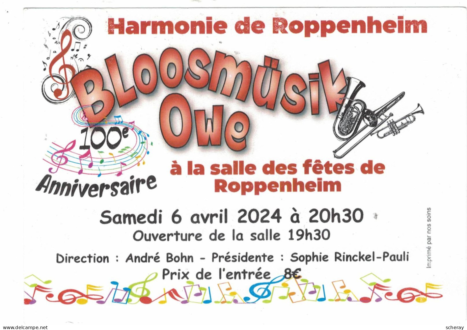 BLOOSMUSIK OWE HARMONIE DE ROPPENHEIM CARTE D'ENTRE (  Lot 435a ) - Eintrittskarten