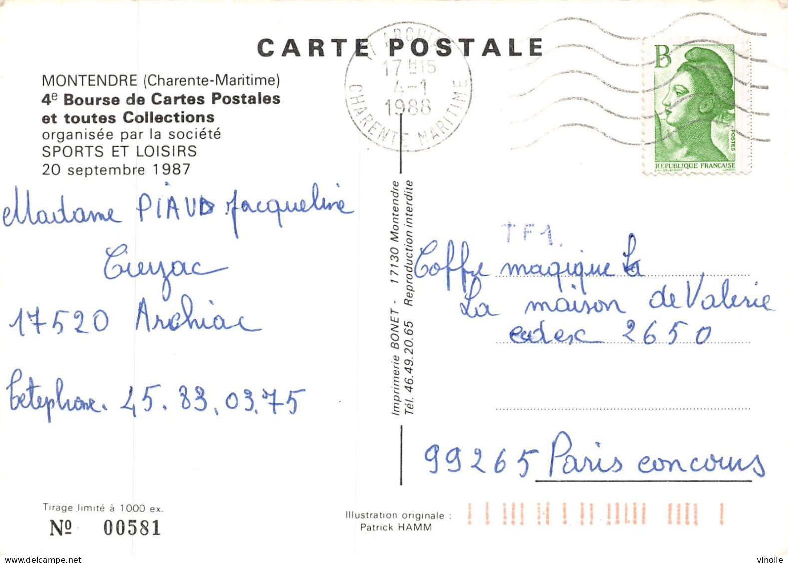 MO-24-512 : MONTENDRE. BOURSE DES CARTES POSTALES EY DE COLLECTIONS. 1987 - Montendre