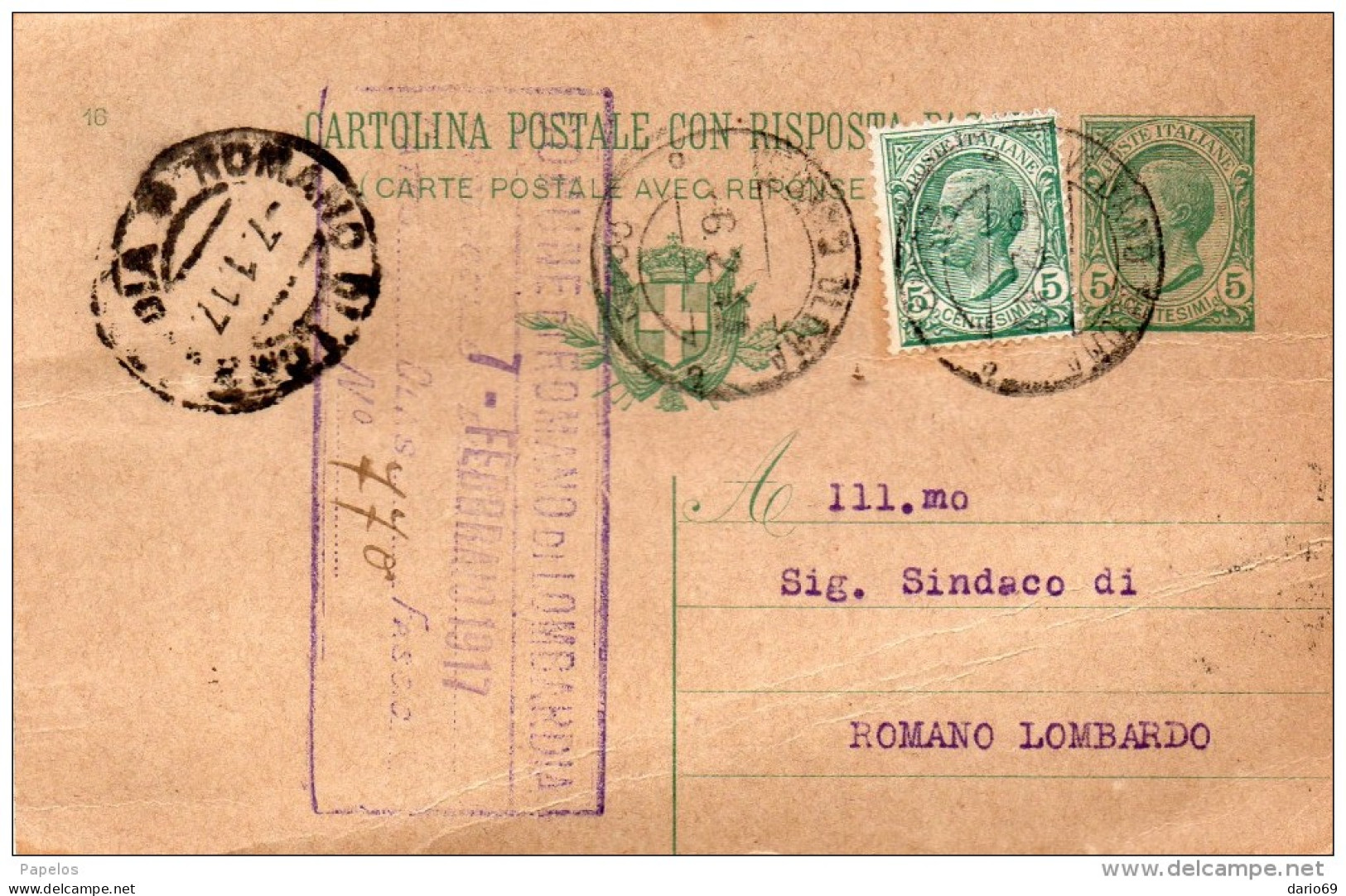 1917  CARTOLINA CON ANNULLO ROMANO DI LOMBARDIA BERGAMO - Stamped Stationery