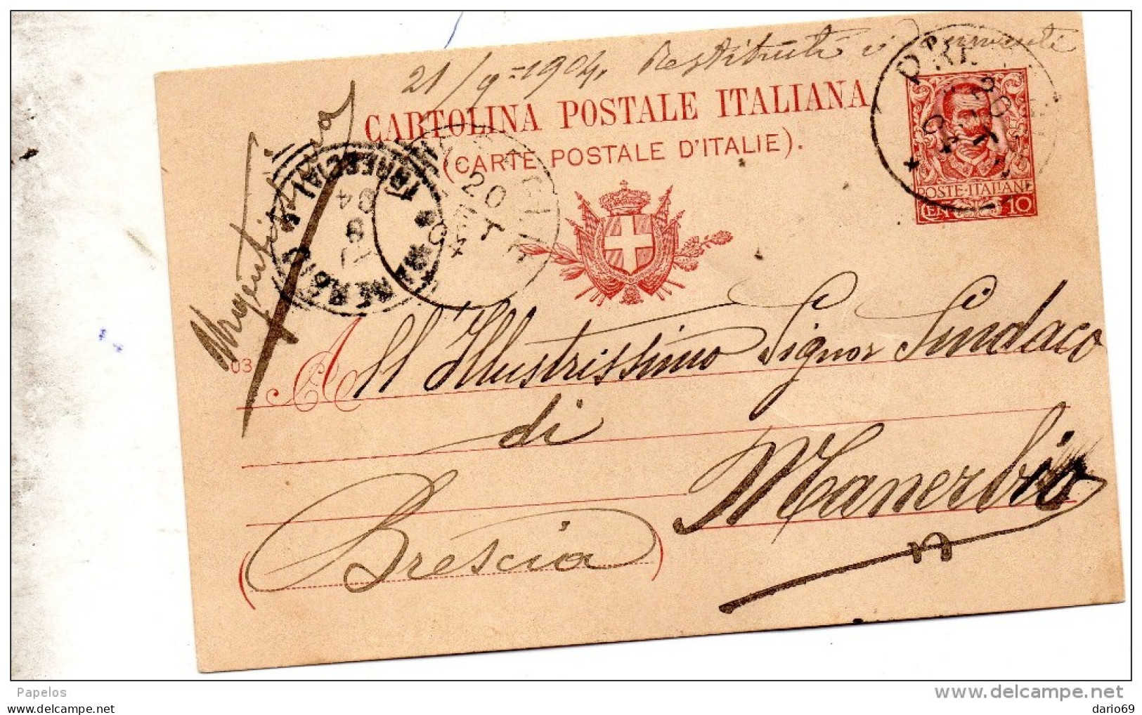 1904  CARTOLINA CON ANNULLO MANERBIO  BRESCIA - Stamped Stationery