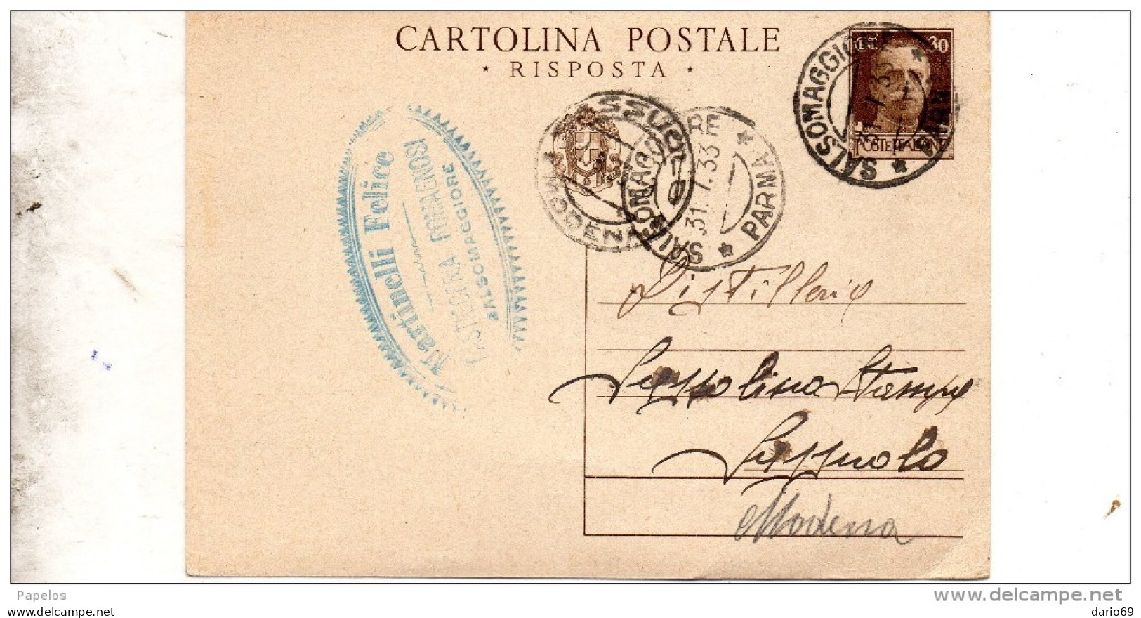 1933  CARTOLINA CON ANNULLO SALSOMAGGIORE PARMA - Stamped Stationery