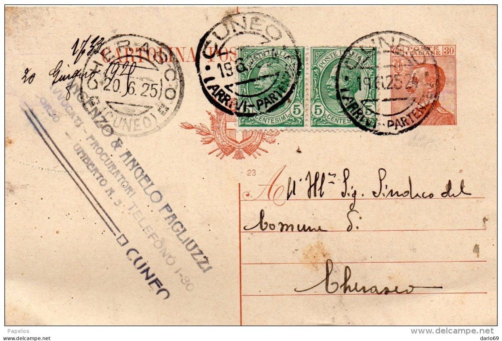 1925  CARTOLINA CON ANNULLO  CHERASCO CUNEO - Stamped Stationery