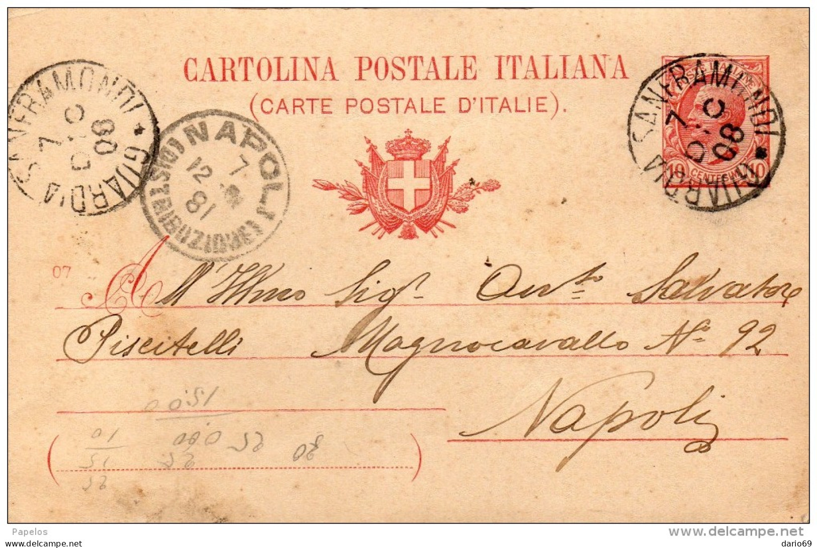 1908  CARTOLINA CON ANNULLO  GUARDIA SANFRAMONDI BENEVENTO - Postwaardestukken