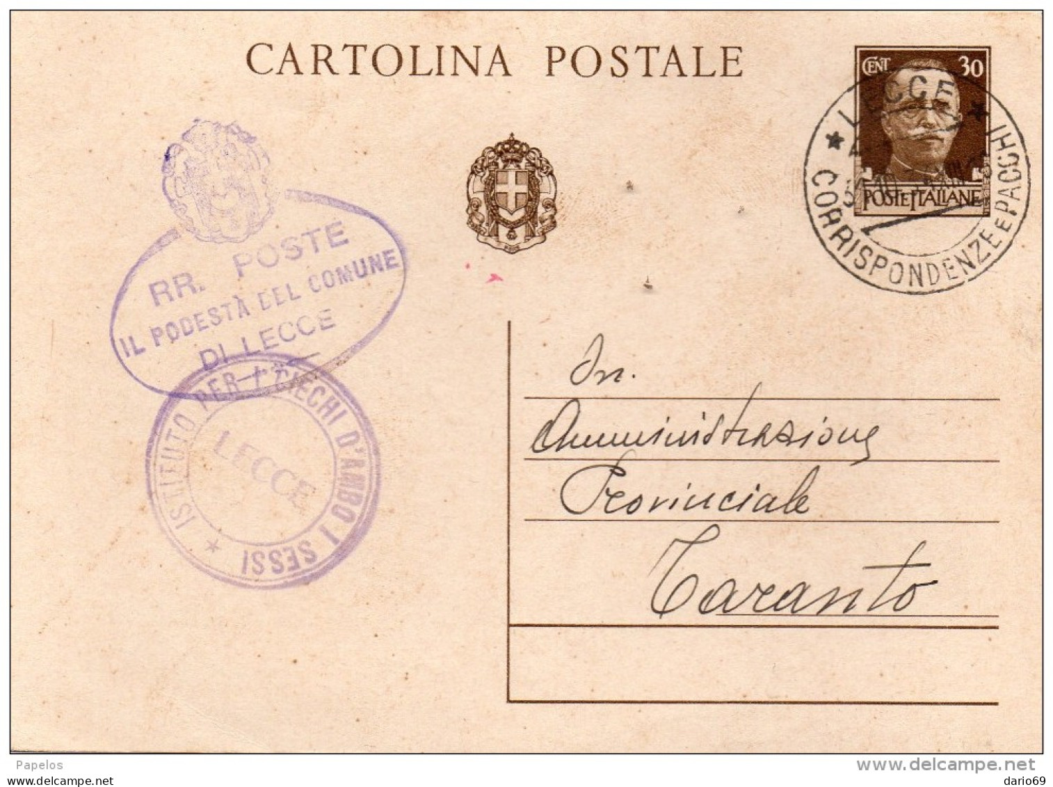 1934  CARTOLINA CON ANNULLO LECCE - Stamped Stationery