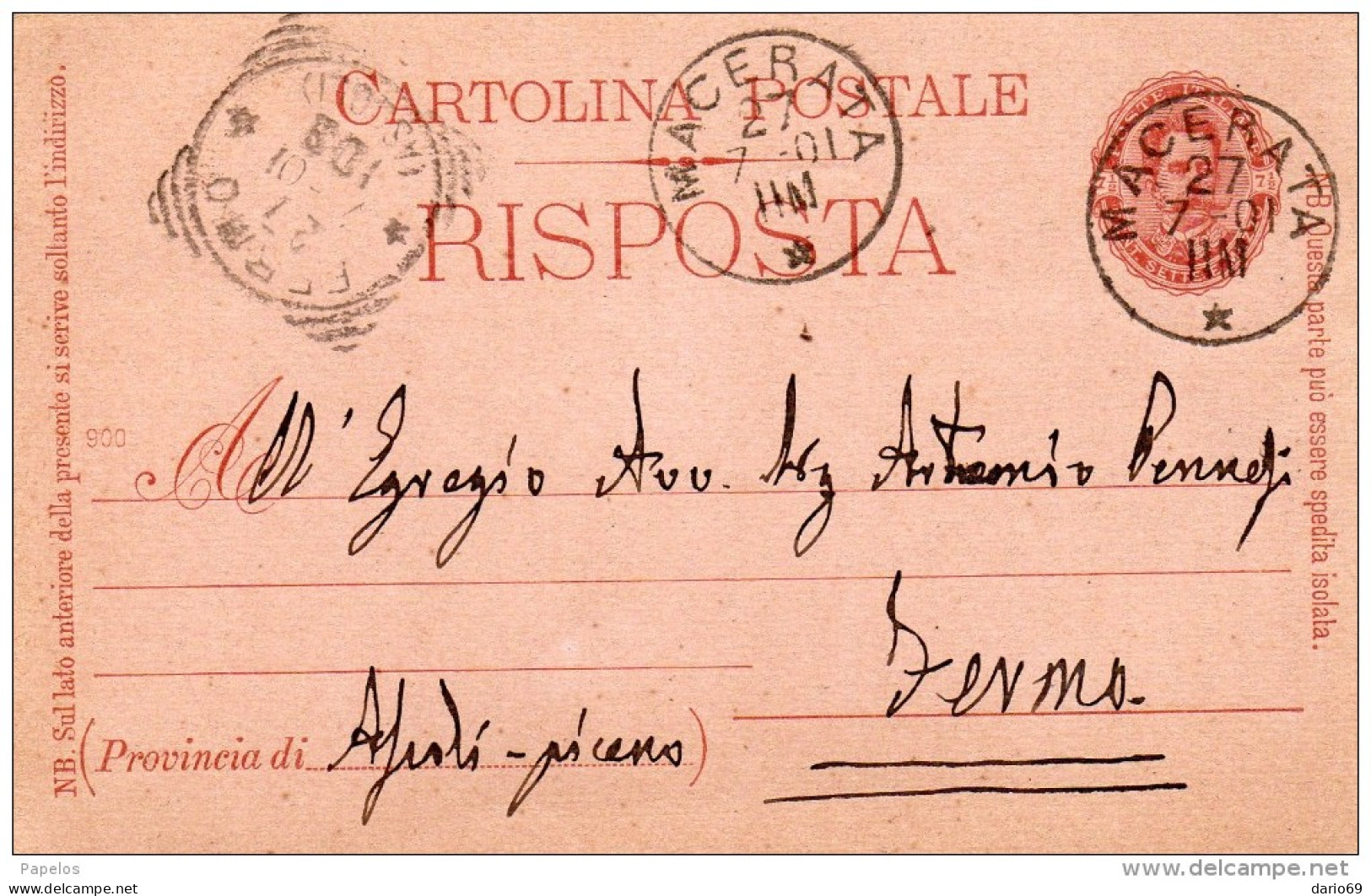 1901   CARTOLINA CON ANNULLO  MACERATA - Stamped Stationery