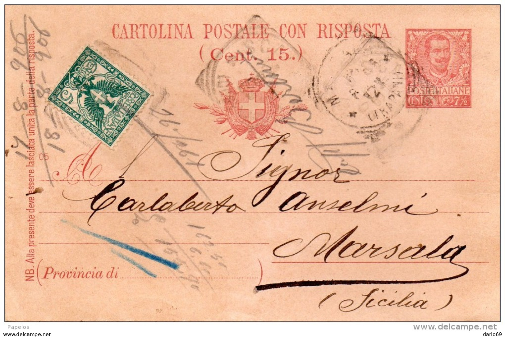 1906  CARTOLINA CON ANNULLO  MARSALA - Postwaardestukken