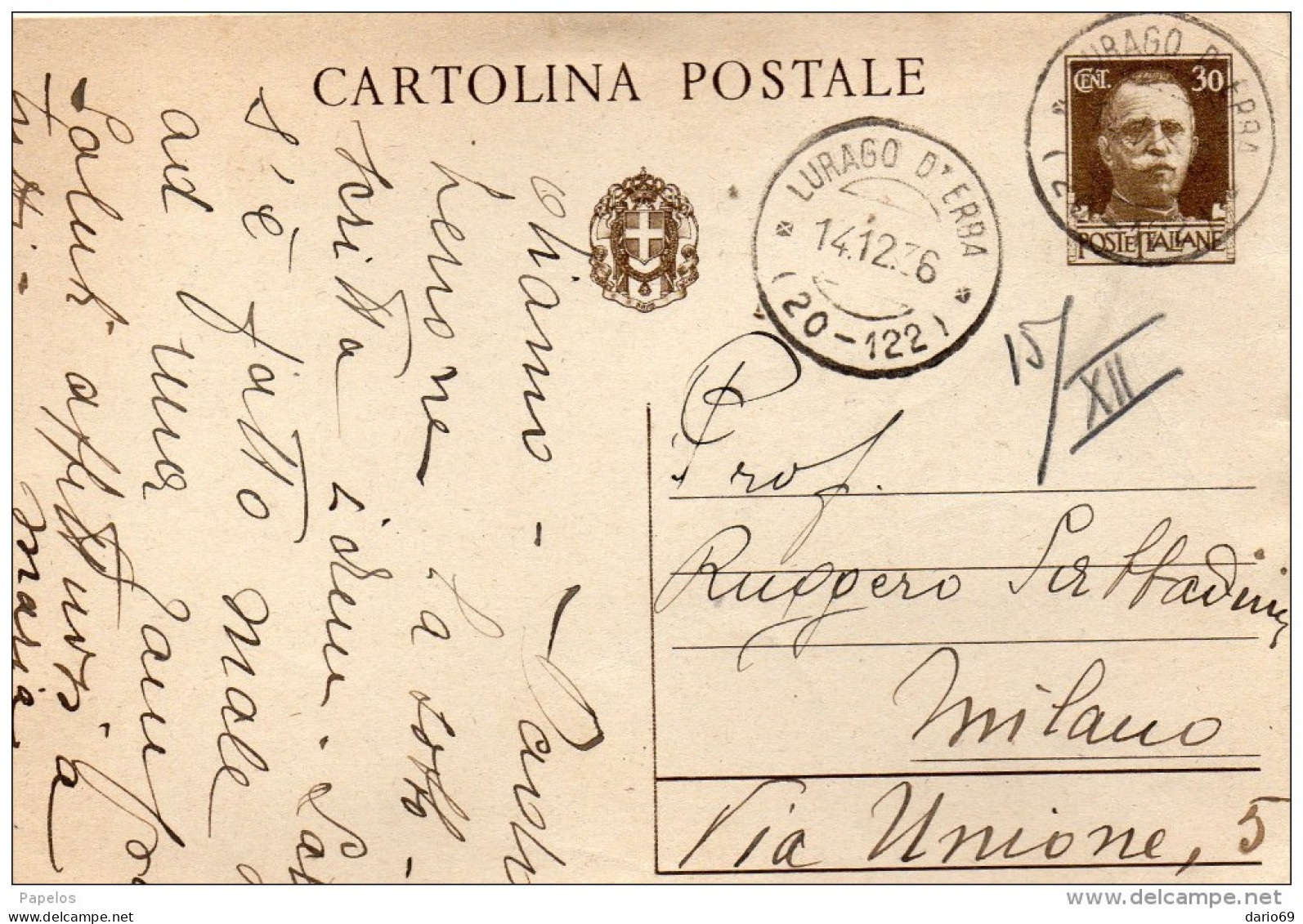 1926   CARTOLINA CON ANNULLO  LURAGO D' ERBA  COMO - Stamped Stationery