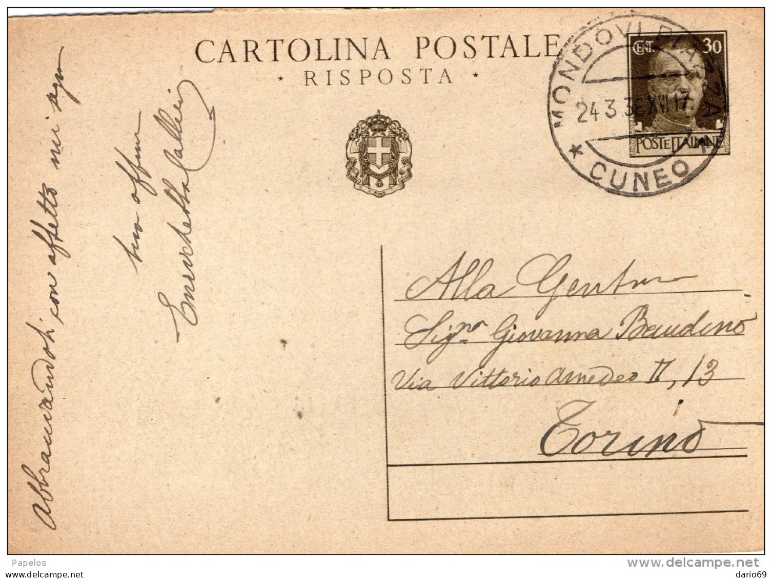 1938     CARTOLINA CON ANNULLO MONDOVI PIAZZA CUNEO - Entiers Postaux