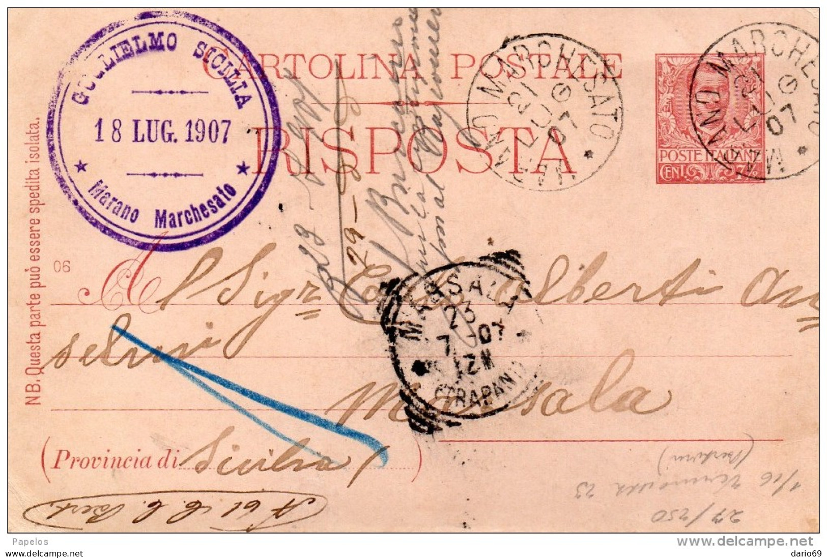 1907   CARTOLINA CON ANNULLO MARANO MARCHESATO COSENZA - Stamped Stationery