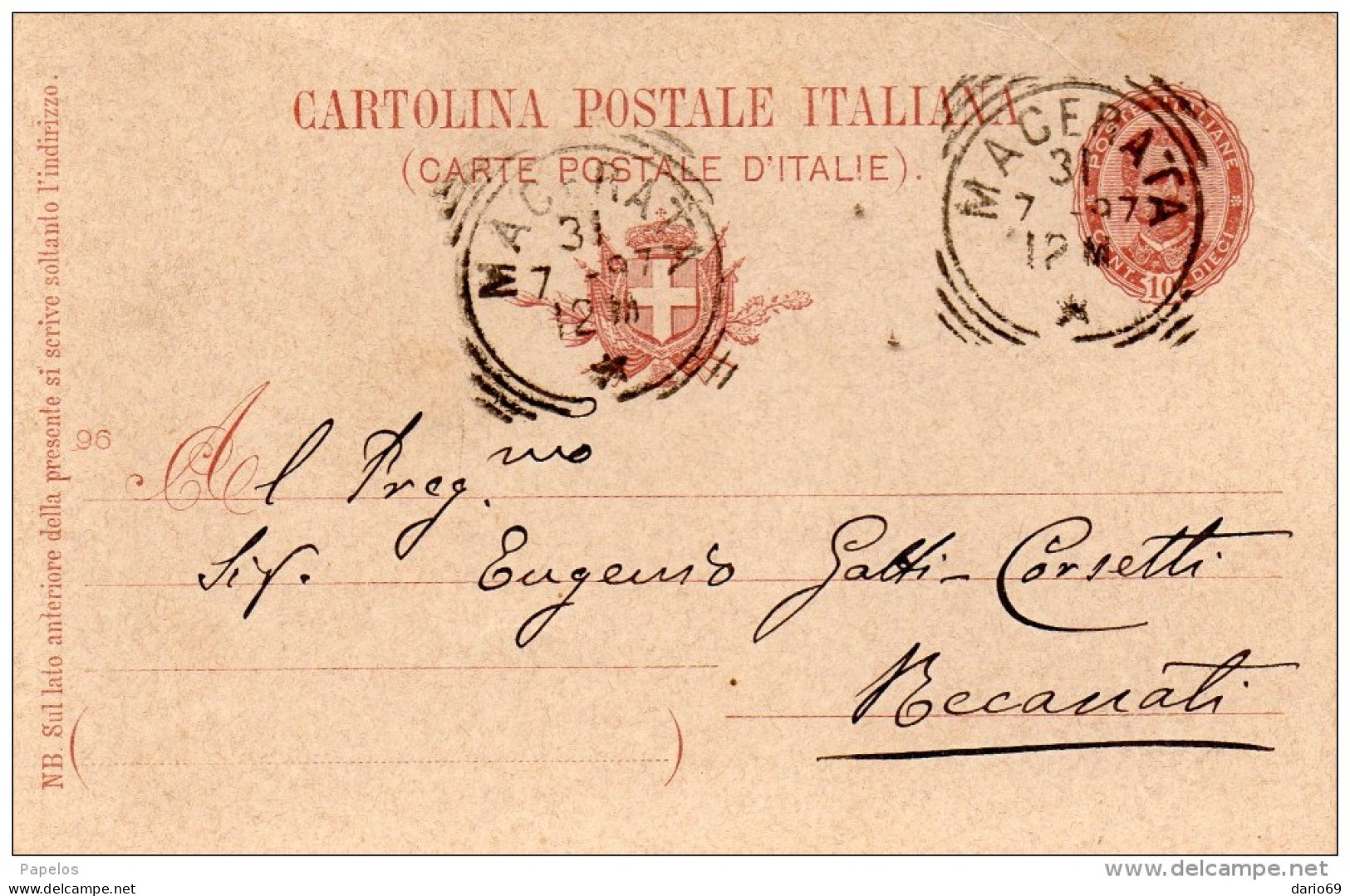 1897  CARTOLINA CON ANNULLO  MACERATA - Postwaardestukken