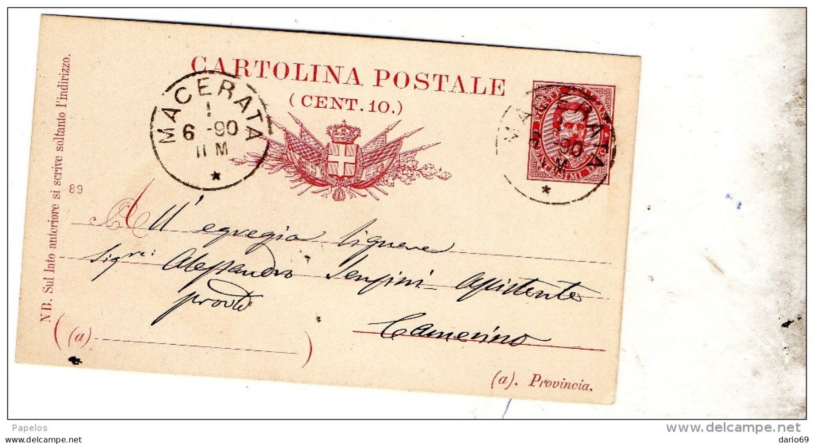 1890  CARTOLINA CON ANNULLO  MACERATA - Entero Postal